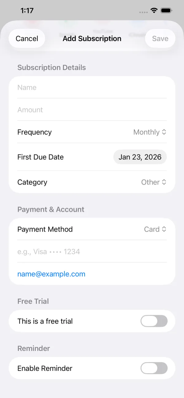 Add Subscription form: name, amount, frequency, first due date, category, payment method, free trial switch and reminder switch.