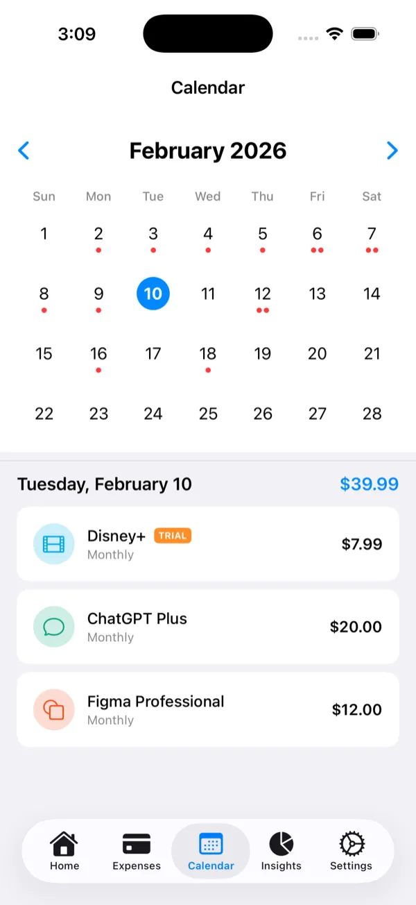 Calendar for February 2026 with dots on due dates, and the bills due on February 10: Disney+, ChatGPT Plus and Figma Professional.