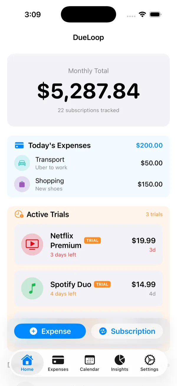 Home screen: a monthly total of 5,287.84 dollars across 22 subscriptions, today's expenses, and active trials for Netflix Premium and Spotify Duo with days left.