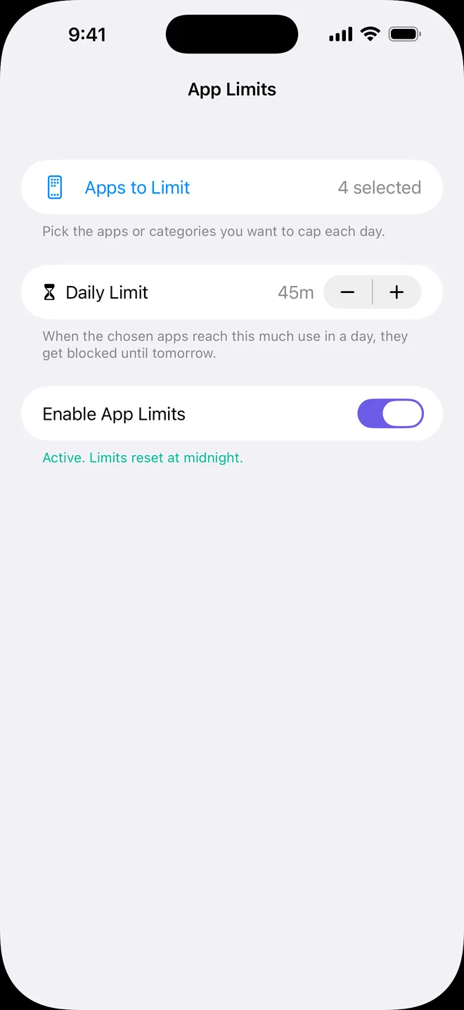 App Limits: 4 apps selected with a 45 minute daily limit that resets at midnight.