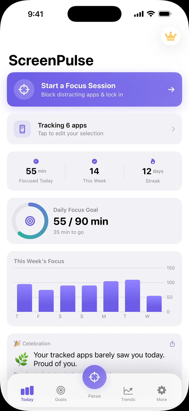 Today screen: Start a Focus Session, 55 minutes focused today, a 12-day streak and a daily goal ring at 55 of 90 minutes.