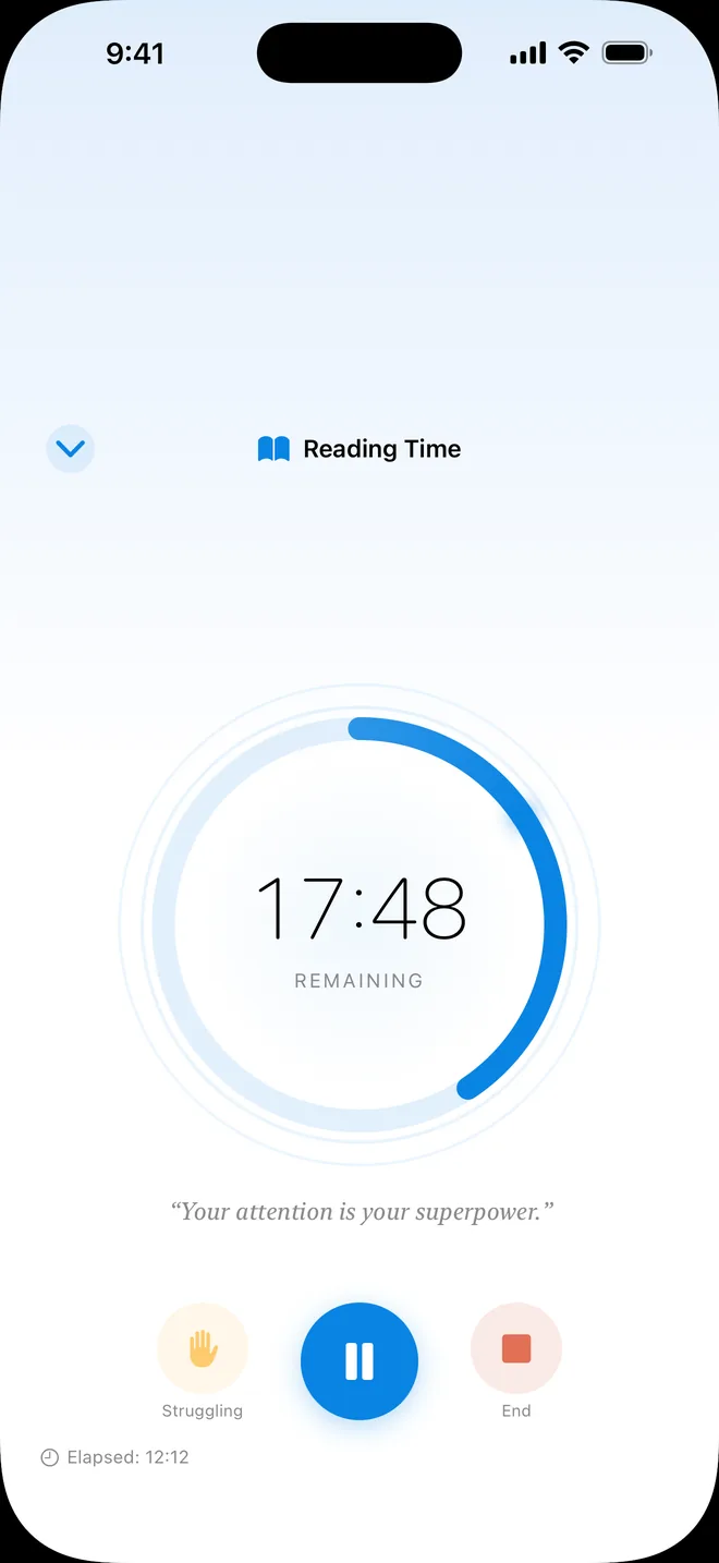 A Reading Time session running, 17:48 remaining, with Struggling, Pause and End buttons.