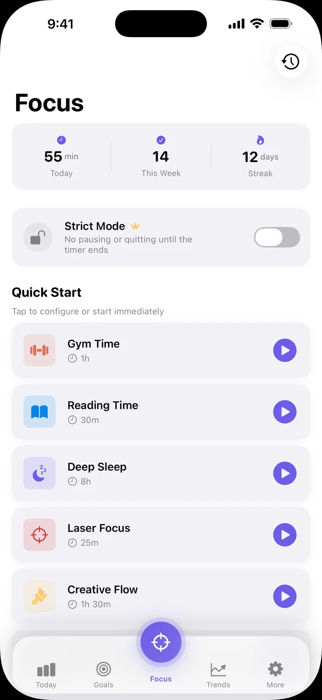Focus tab: Strict Mode switch and quick-start sessions such as Gym Time, Reading Time, Deep Sleep and Laser Focus.